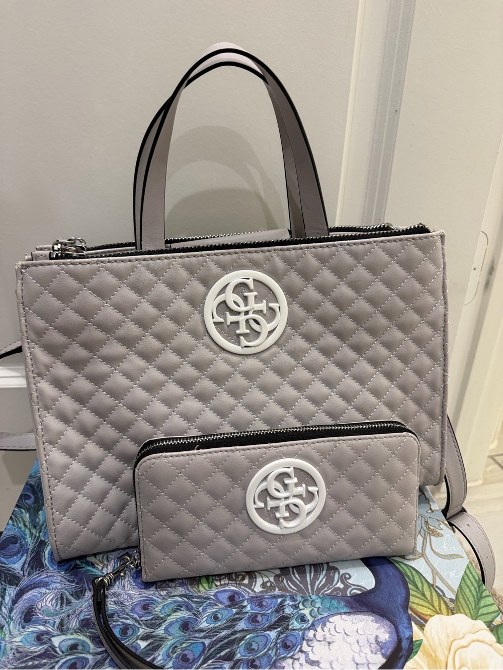 GUESS Gray Quilted Satchel Crossbody Bag + Matching Wallet Set